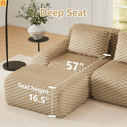 Sectional Sofa L-Shape Flannelette Light Camel 3 Seat with Ottoman