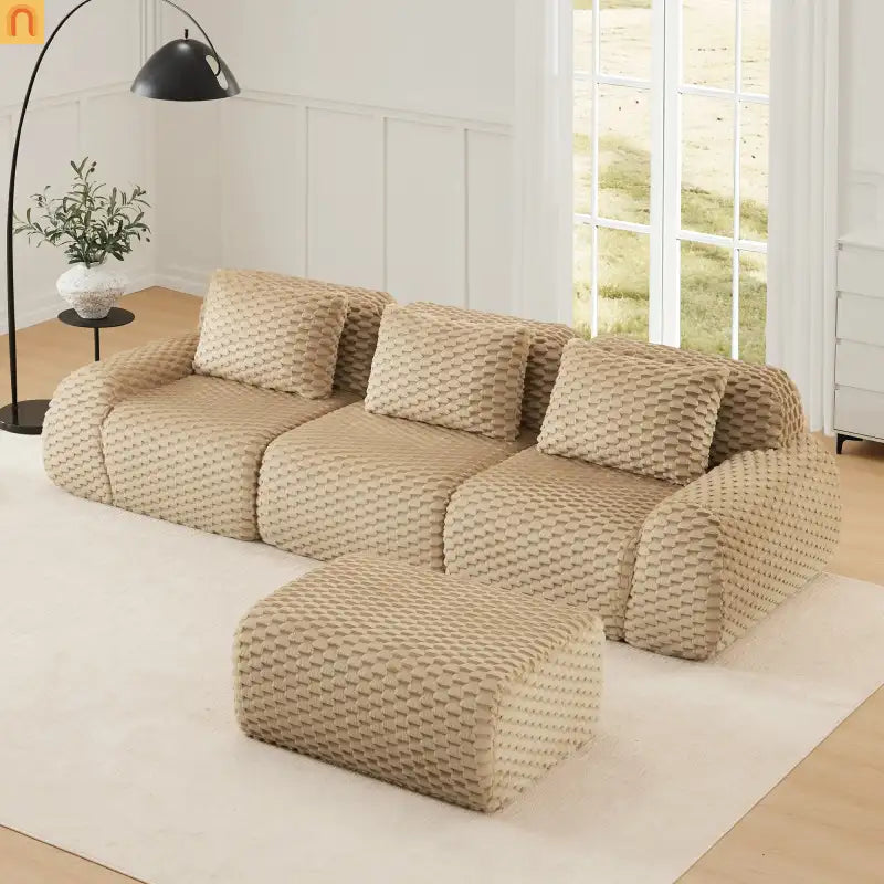 Sectional Sofa L-Shape Flannelette Light Camel 3 Seat with Ottoman