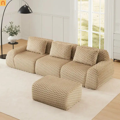Sectional Sofa L-Shape Flannelette Light Camel 3 Seat with Ottoman