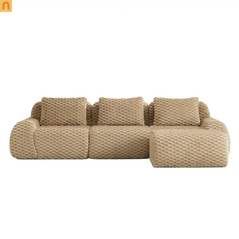 Sectional Sofa L-Shape Flannelette Light Camel 3 Seat with Ottoman