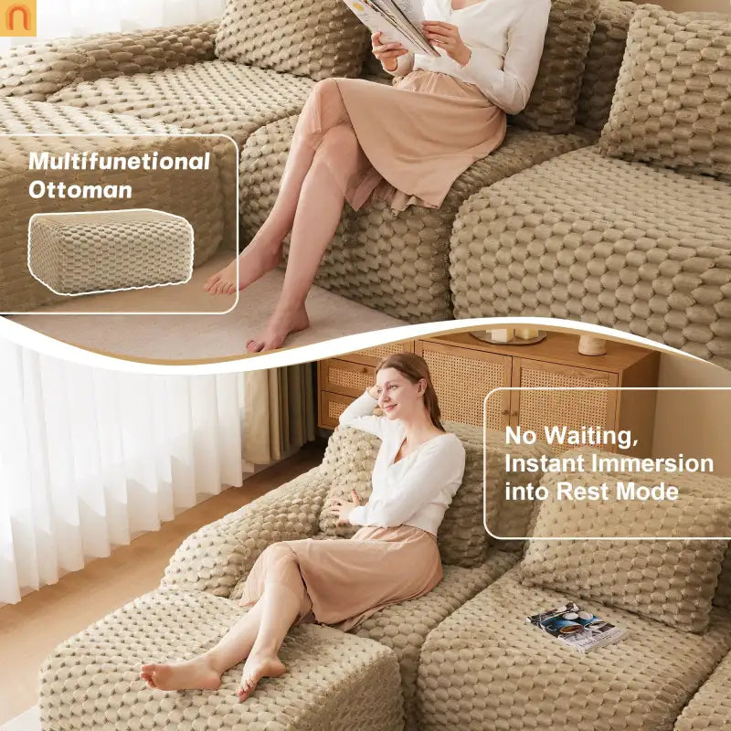 Sectional Sofa L-Shape Flannelette Light Camel 3 Seat with Ottoman