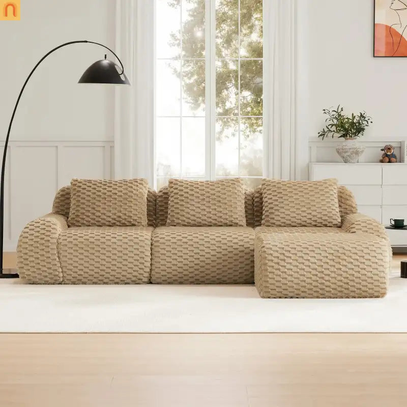 Sectional Sofa L-Shape Flannelette Light Camel 3 Seat with Ottoman