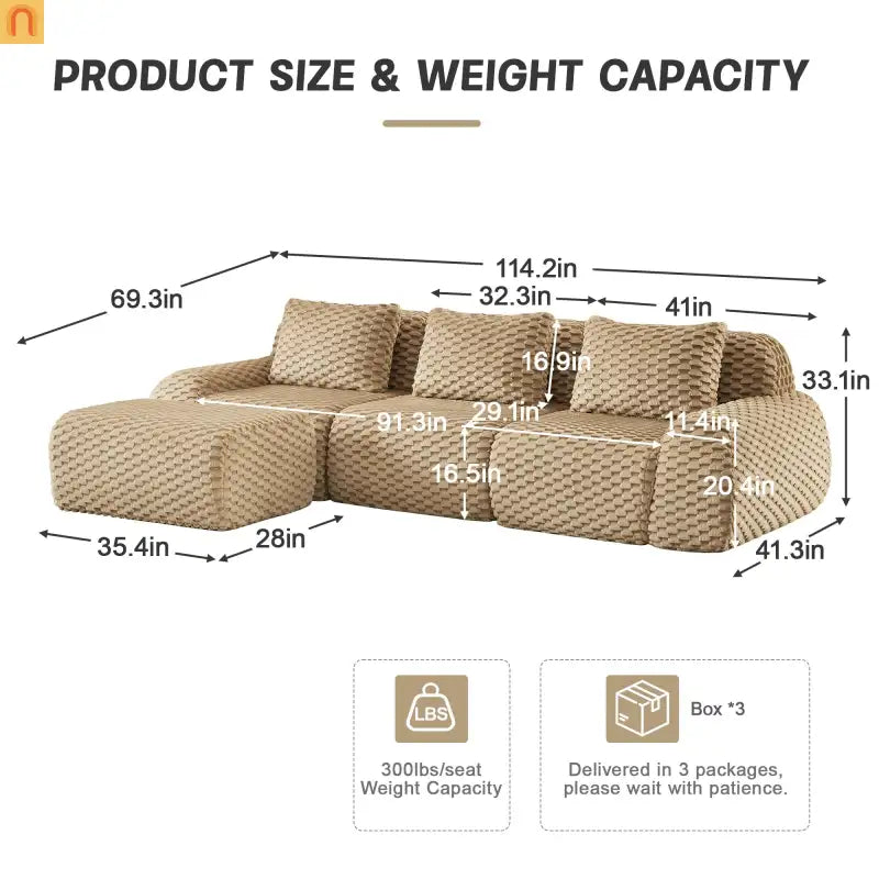 Sectional Sofa L-Shape Flannelette Light Camel 3 Seat with Ottoman