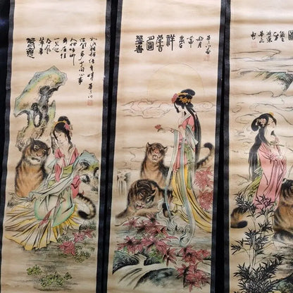 Chinese “Tiger Girl” Four‑Screen Calligraphy & Painting Scroll