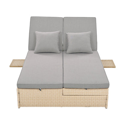 Outdoor Double Sunbed, Wicker Rattan Patio Reclining Chairs with Adjustable