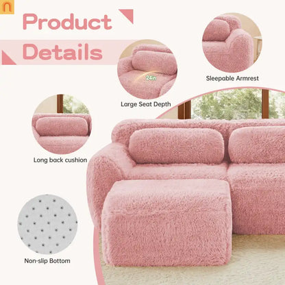 Sectional Sofa Modular Plush Pink 3 Seat Non-Slip 114 In