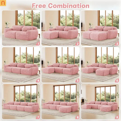 Sectional Sofa Modular Plush Pink 3 Seat Non-Slip 114 In