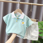 Boys' Summer Cute Stripes Solid Color Short-sleeved Shorts Two-piece Set