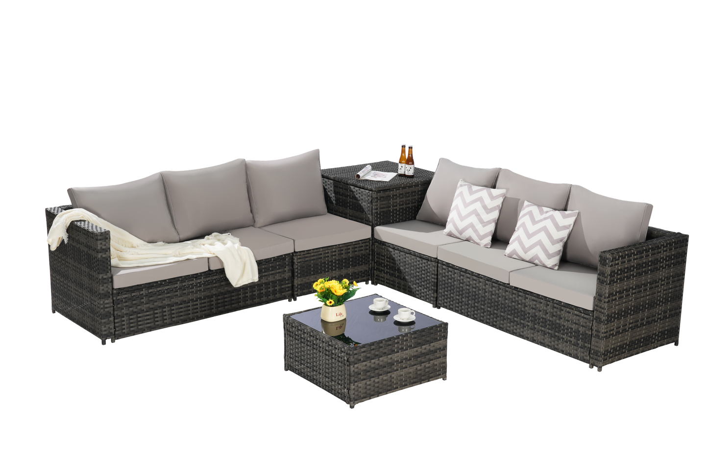 Outdoor Sectional Set PE Rattan 6 Piece L-Shape Gray
