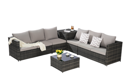 Outdoor Sectional Set PE Rattan 6 Piece L-Shape Gray