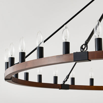 Chandelier Wood Wagon Wheel 20-Light Farmhouse Matte Black 39.3 In