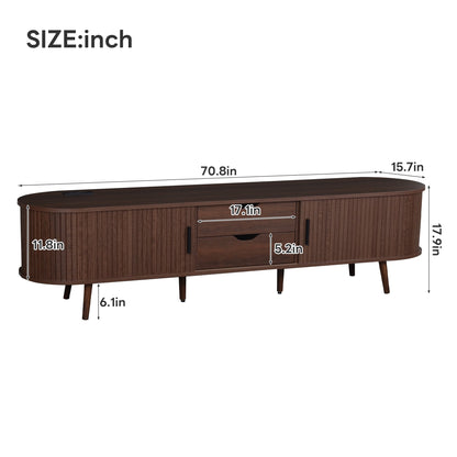 TV Stand Mid-Century Dark Brown MDF Tambour Door 2 AC 2 USB Fits 80 In TV