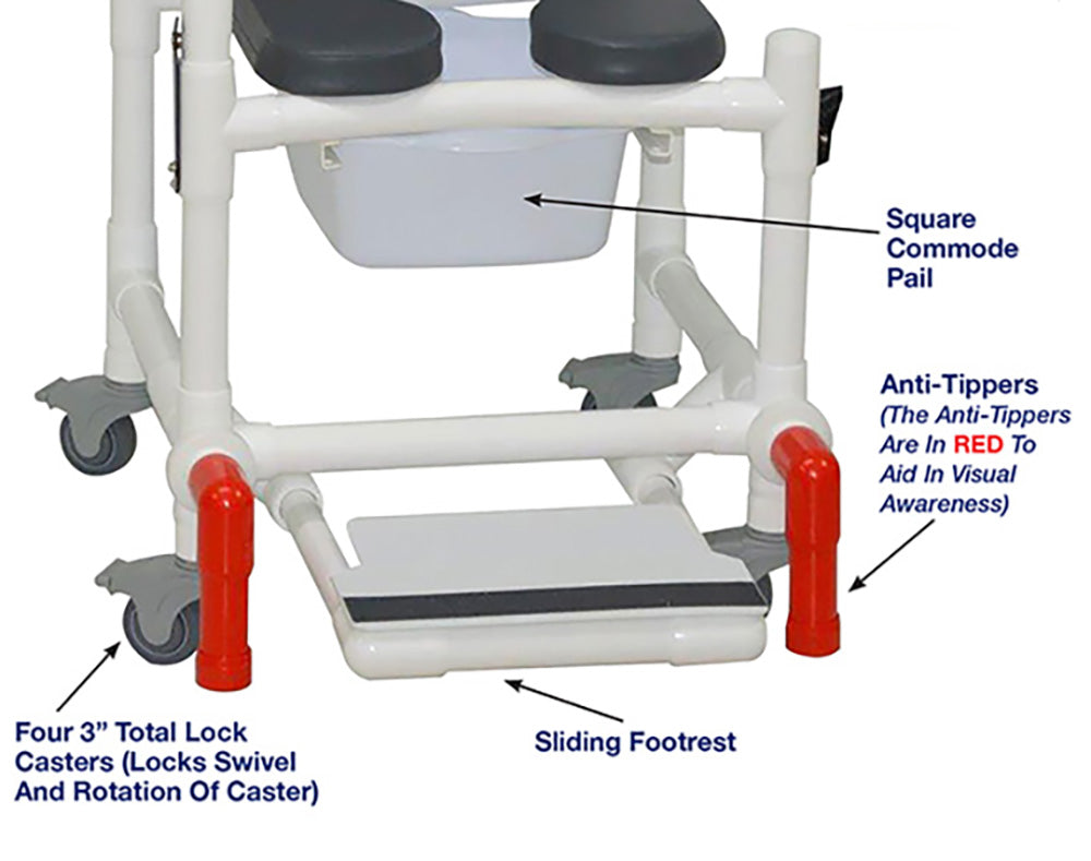 MJM International 118-3TL-SSDE-CBP-PI-DDA-SF-10-QT-C-AT Shower Chair With Total Lock Casters, Soft Seat Deluxe Elongated, Cushion Back, Dual Swing Away Armrests, Sliding Footrest, Square Pail and Anti-Tippers