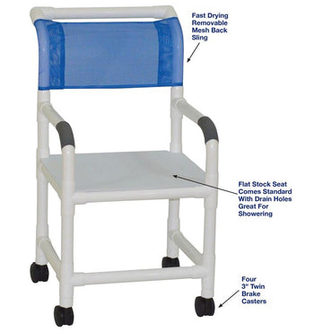 MJM International 118-3TW-F Shower Chair 3″Twin Casters, Flatstock Seat with Drain Holes 300 Lbs Weight Capacity