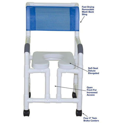 MJM International 118-3TW-OF-SSDE Shower Chair 18" Internal Width, 3" Twin Casters with Open Front and Soft Seat, 300 lbs Weight Capacity