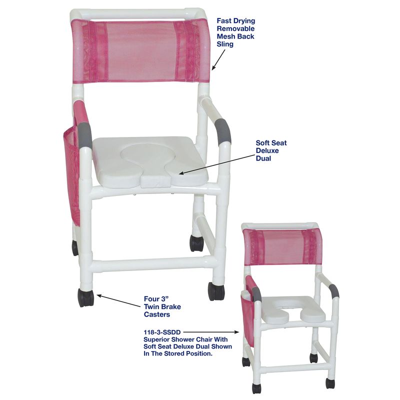 MJM International 118-3TW-SSDD Shower Chair 18" Internal Width, Soft Seat Deluxe Dual Usage With Removable Center Section, 300 lbs Weight Capacity