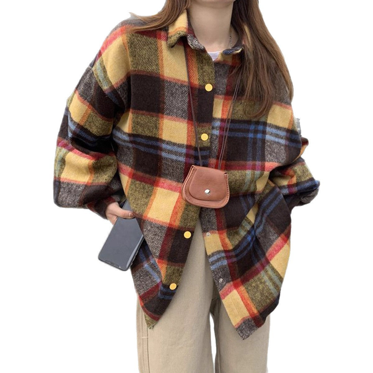Koreanstyle SpringAutumn FleecLined Thickened Brushed Plaid Shirt For Women