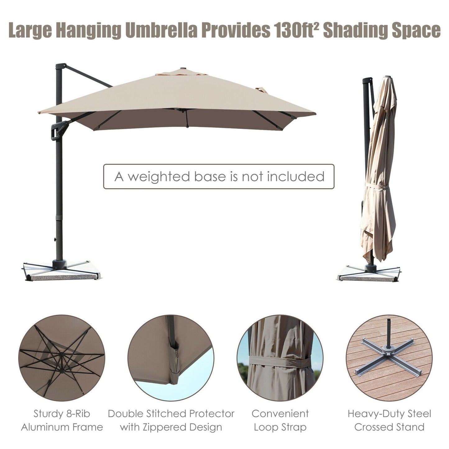10 x 13 Feet Rectangular Cantilever Umbrella with 360¬∞ Rotation Function-Brown