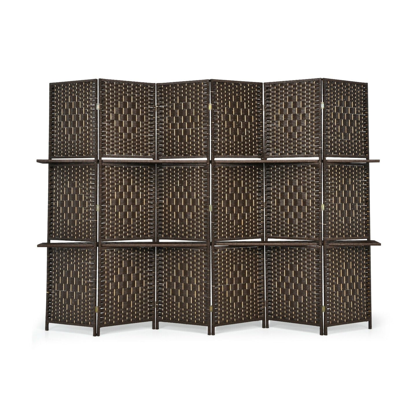 6 Panel Folding Weave Fiber Room Divider with 2 Display Shelves