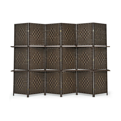6 Panel Folding Weave Fiber Room Divider with 2 Display Shelves