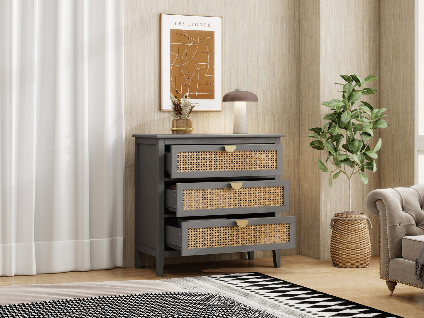 3-Drawer Cabinet - Natural Rattan - Suitable for Bedroom, Living Room, or Study