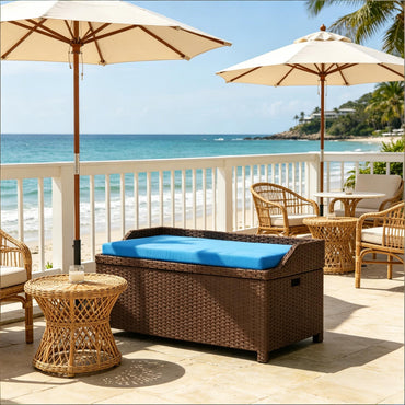 Patio Storage Bench, Garden Outdoor Wicker Storage Bench with Cushion