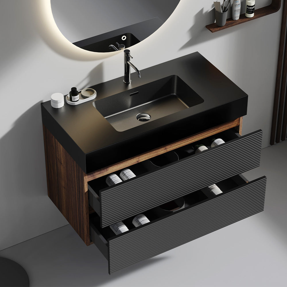 36' Walnut Bathroom Vanity with Matt Black Engineered Quartz Sink Soft Black Drawers
