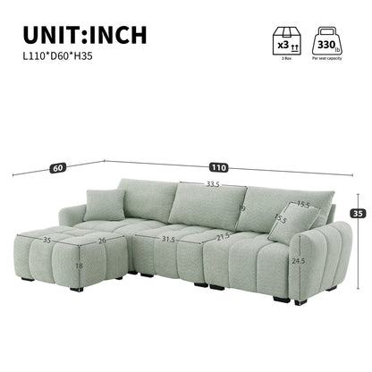 Sectional Sofa L-Shape Boucle Light Green 4 Seat Ottoman 110 In