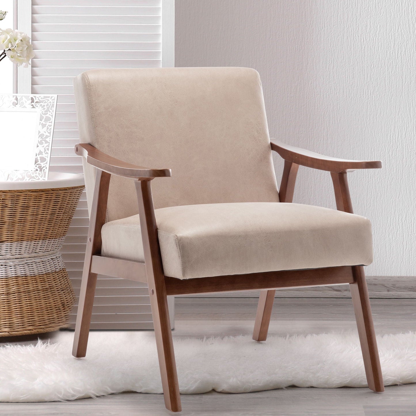 Mid Century Modern Accent Chair With Solid Wood Frame And Extra Thick Backrest