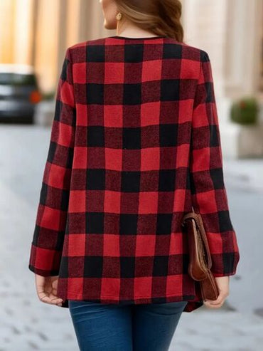 Elegant Plaid Open Front Long Sleeve Jacket Stylish & Cozy Lightweight Breathable Outerwear