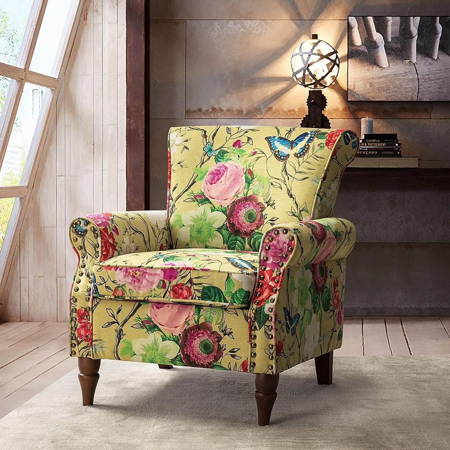 Mustard Floral Wingback Accent Chair With Solid Wood Legs