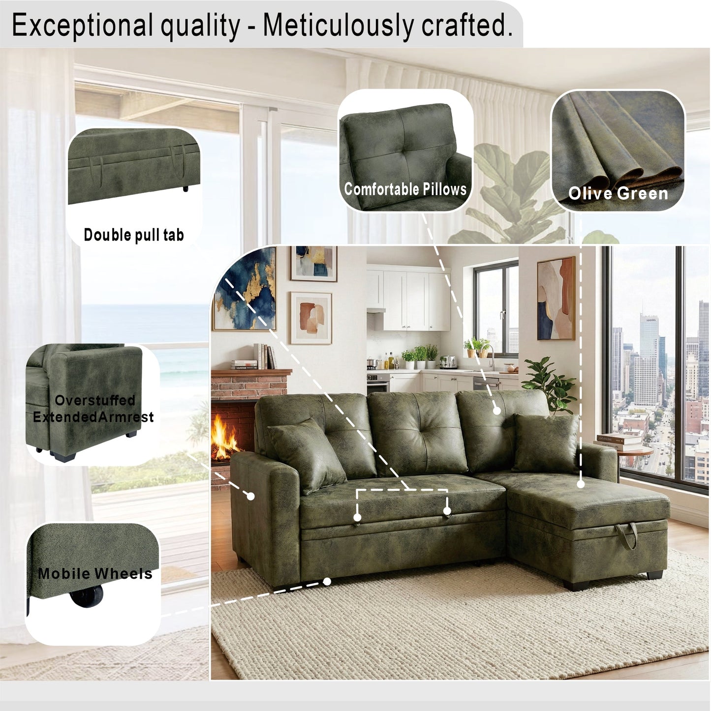 Sectional Sofa L-Shape Olive Green Sleeper 71