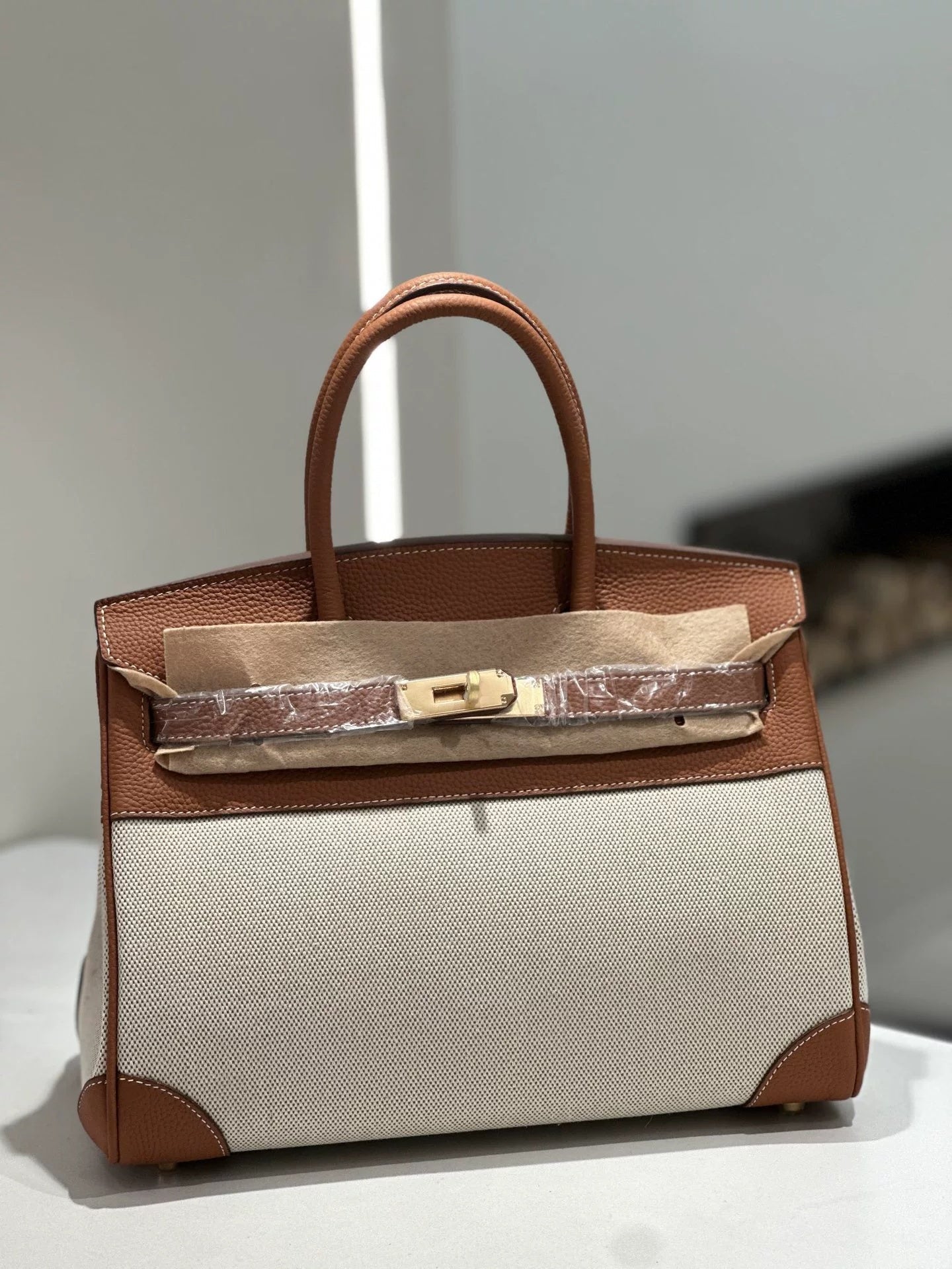New Cross-border Genuine Leather Birkin Bag, Cowhide With Fabric Large Tote, Commuter Handbag With A High-end Kelly Bag Feel