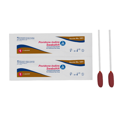 Dynarex Povidone Iodine Swabsticks, 1 Swabstick per Packet, 10 bxs/case (500 Count)