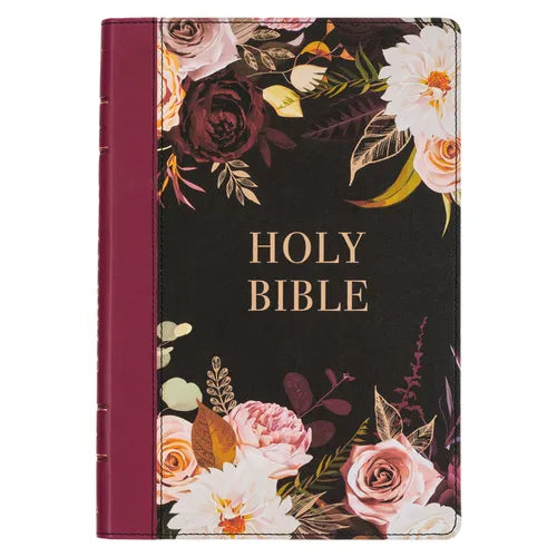 KJV Holy Bible, Thinline Large Print Faux Leather Red Letter Edition - Thumb Index & Ribbon Marker, King James Version, Black/Burgundy Printed Floral - Leather