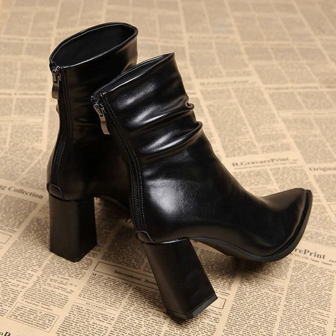 Pointed-toe Velvet-lined Warm High-heeled Boots For Women