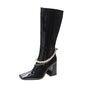 New Patent Leather Boots Women's Pearl Chain Square Toe