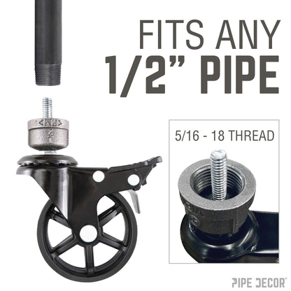 Swivel Caster Wheels for  ½” Pipe with Locking Mechanism (4-Pack)