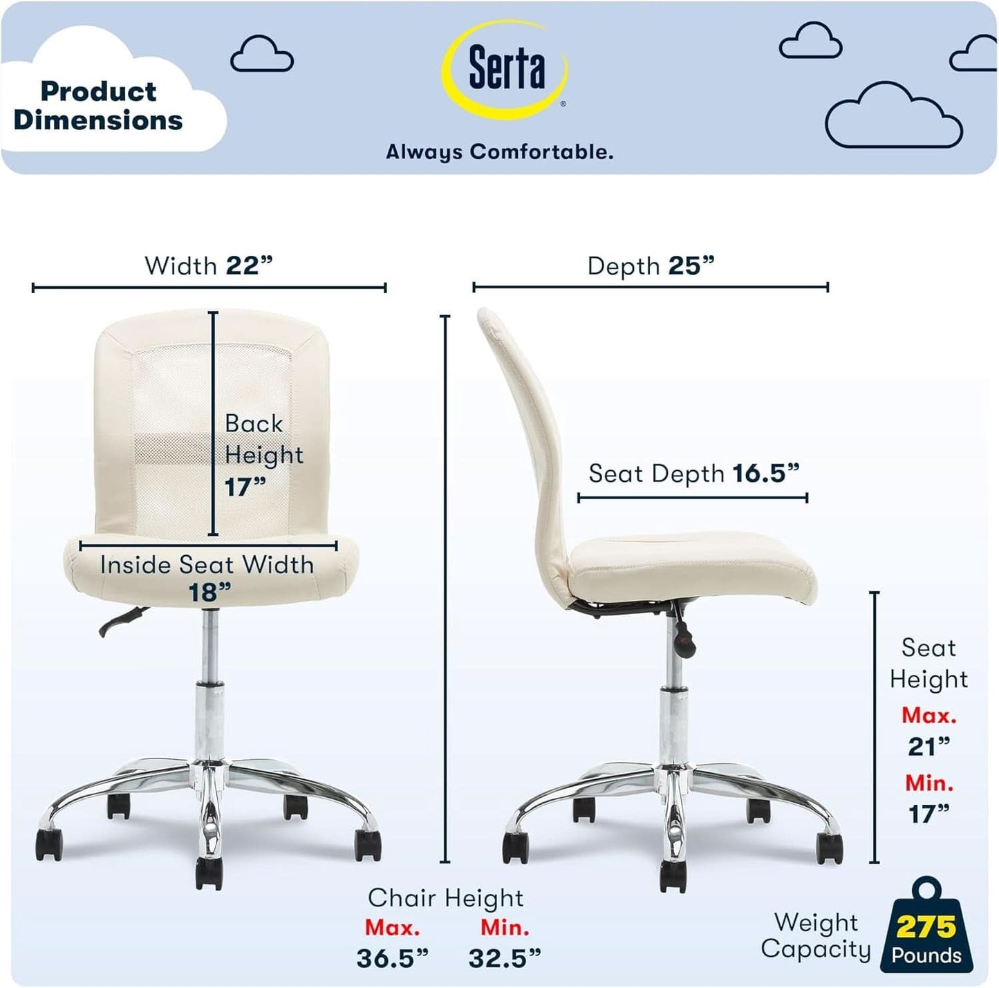 Armless Desk Chair With Mesh Back And Wheels Cream White