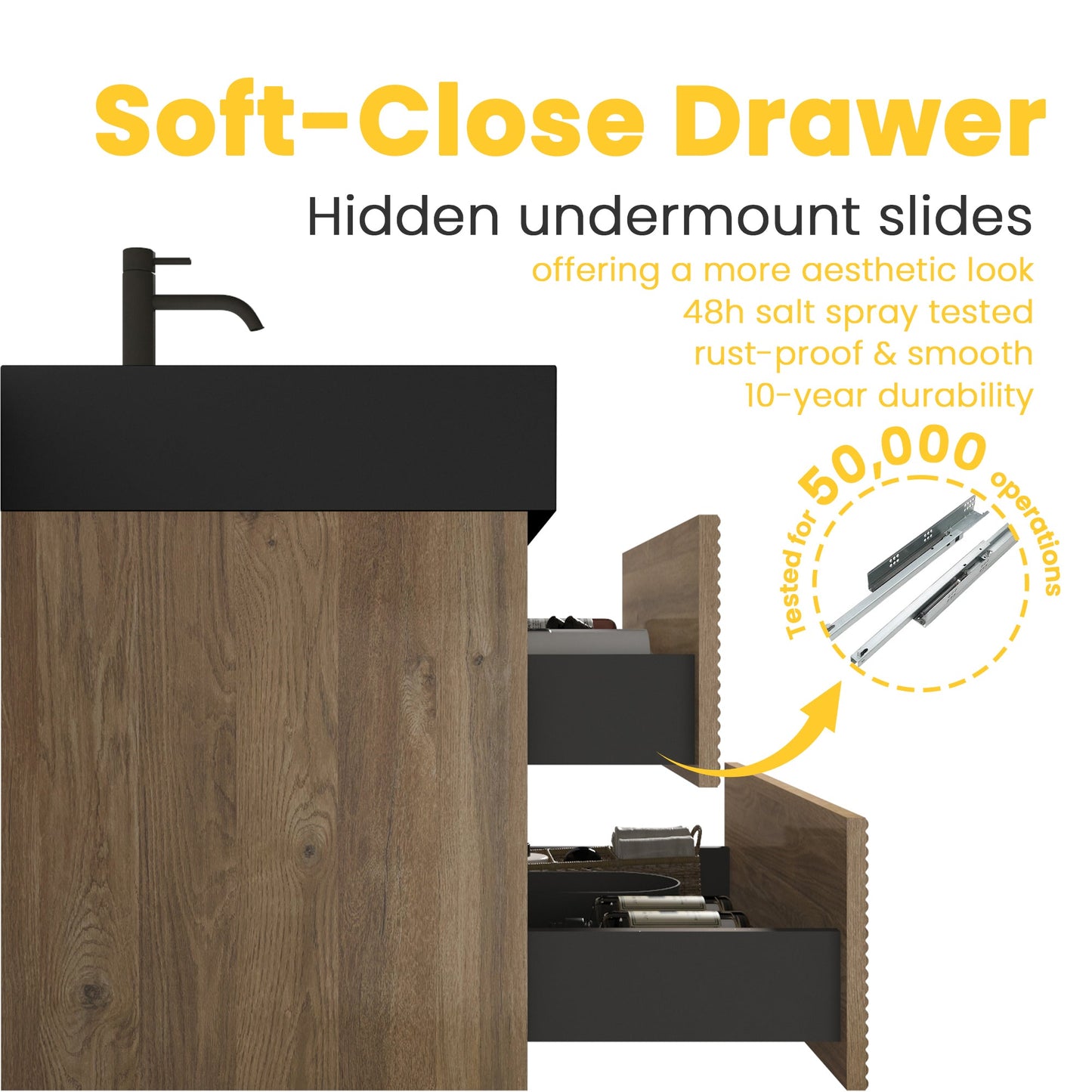 24' Floating Bathroom Vanity with Matte Black Quartz Sink and Oak Drawers