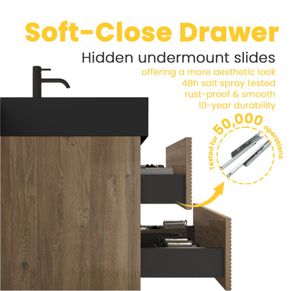 24' Floating Bathroom Vanity with Matte Black Quartz Sink and Oak Drawers