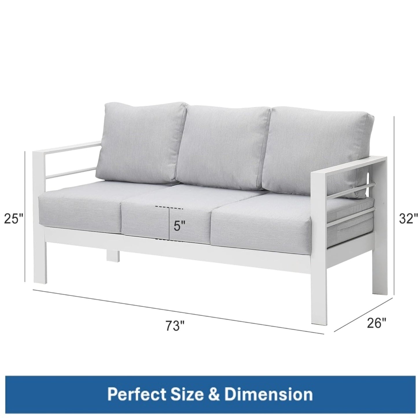 Outdoor Aluminum Sofa 3 Seat 74in White Cushions