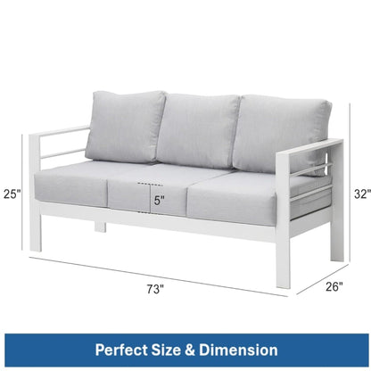 Outdoor Aluminum Sofa 3 Seat 74in White Cushions