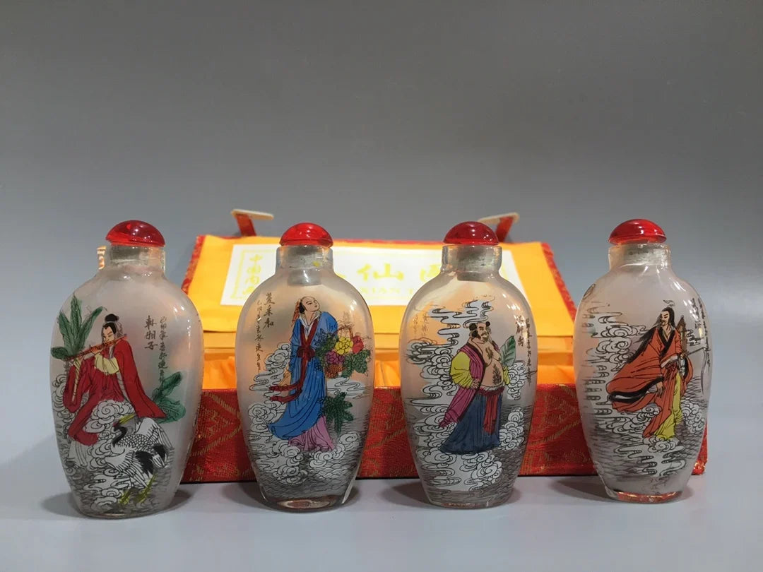 4PCS Chinese Inside Painted Glass Snuff Bottle - Eight Immortals, with Storage Box