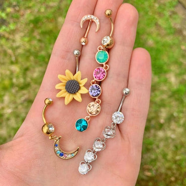 Clear CZ Gem Rose Gold Tone Crescent Moon Belly Ring