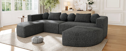 Sectional Sofa U-Shape Modular Boucle Black 6-Seat Deep Seating 114.9x64.5 In