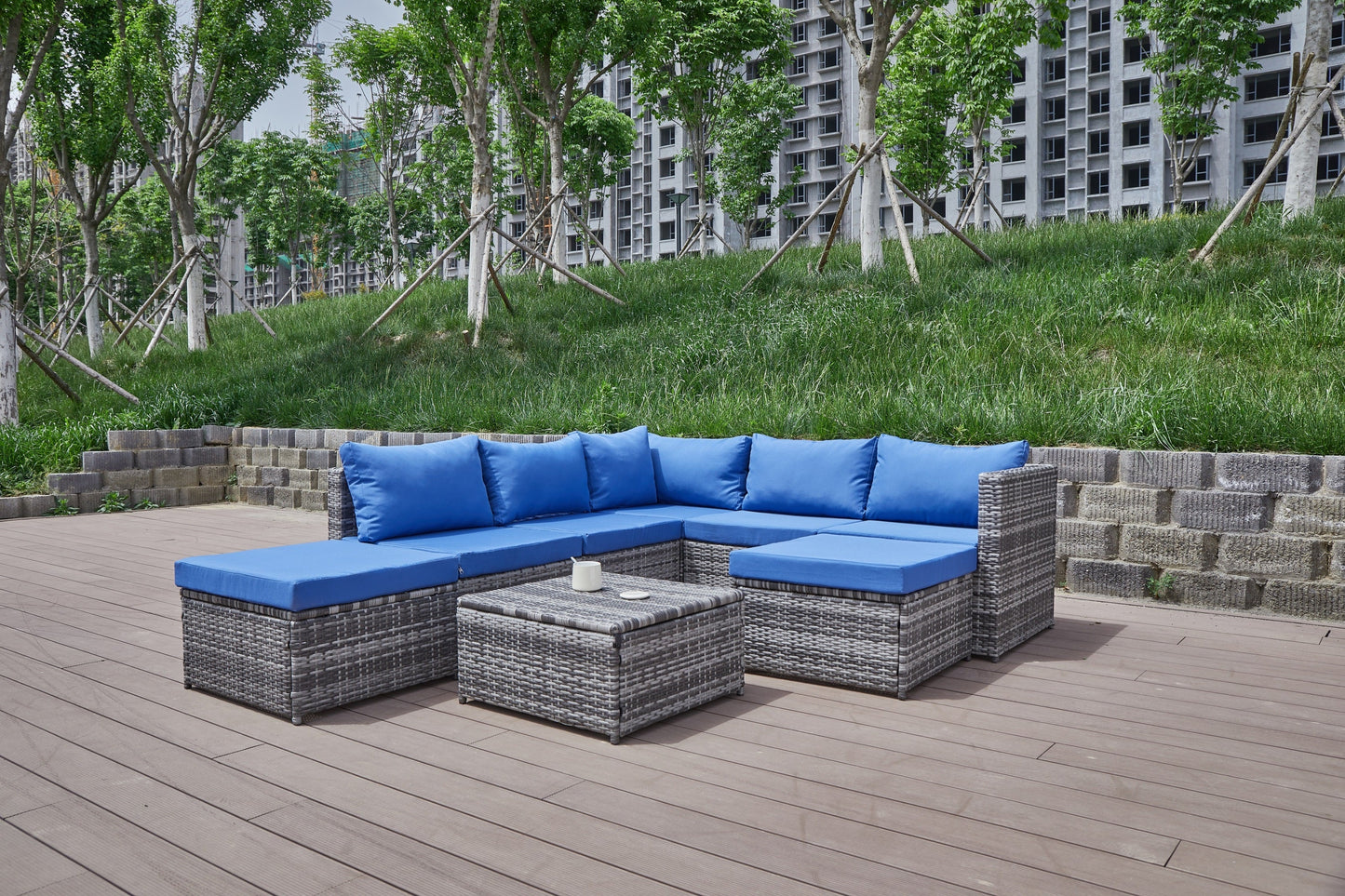 Outdoor Patio Sofa Set PE Rattan Blue Gray All Weather Steel Frame