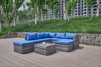 Outdoor Patio Sofa Set PE Rattan Blue Gray All Weather Steel Frame