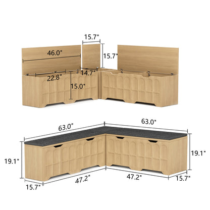 Storage Bench L-Shape 3 Piece MDF Natural Padded Seat 63x63x19 In 360 LB