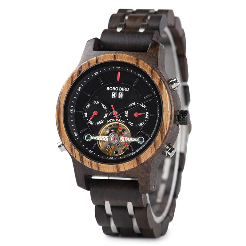 Business Flywheel Mechanical Multi-function Wooden Watch